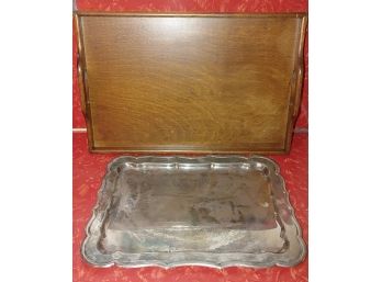 Wooden Serving Tray With Brass Corners, Plated Silver Tray