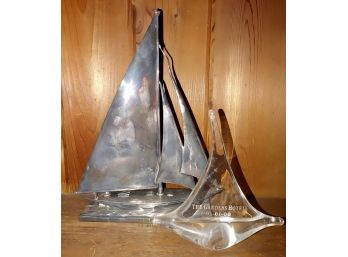 Two Sailboat Figures - Glass And Plated Silver