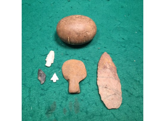 American Indian Stone Tools, Grinding Stone, Spearhead, Axe Head, Bird Point And Arrowheads.