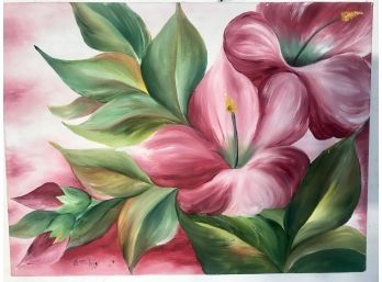 Signed Oil Painting On Canvas Of Vibrant Hibiscus