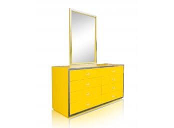 1970 Yellow, Thomasville Bedroom Dresser And Mirror With Chrome Accents And Acrylic Drawer Pulls