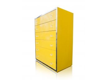 1970 Thomasville Tall Yellow Dresser With Chrome Accents And Acrylic Drawer Pulls