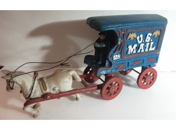 Vintage Cast Iron Toy Horse And Wagon With Driver