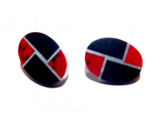 Awesome Vintage Black & Red Inlaid Sterling Earrings