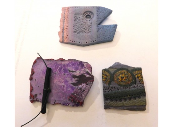 3 Hand Crafted Art Pottery Pins In Shades Of Purple