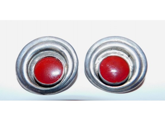 Outstanding Antique Sterling Clip Earrings With Red Turquoise