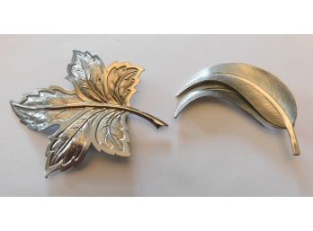 Two Different Style Leaf Pins In Silver Tone