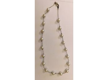 Simple & Lovely Silver And Pearl Style Necklace Marked KOREA