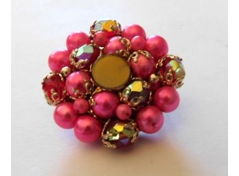 Sweet Pin With Pink Beads, Aurora Borealis & Mirrorred Center
