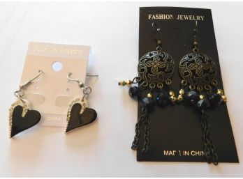 TWO Pairs Of 'Fashion Jewelry' Earings On Cards, Unused, Hearts & Dangling