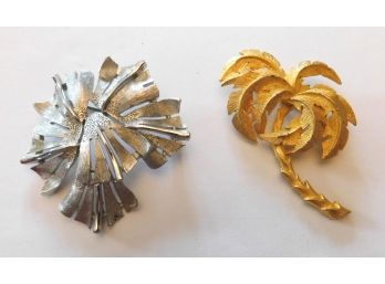 Two Good Looking PIns, Silver Tone Geometric & Gold Tone Palm Tree