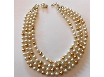 Good Looking 4 Strand Vintage Gold & White Beads Necklace