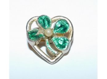 Vintage Heart Shaped Pin With 4 Leaf Clover Inside