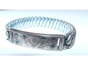Fabulous Sterling Bracelet Inlaid With Tiny Blue Stones & Etche Heart!!