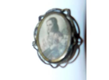 Antique Religious Pin, Victorian With Tinted Image