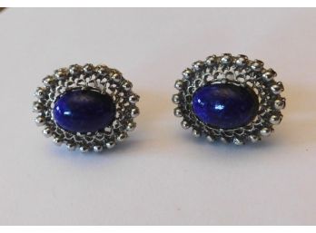 Fancy Oval Silver Tone With Blue Stone Cuff Links