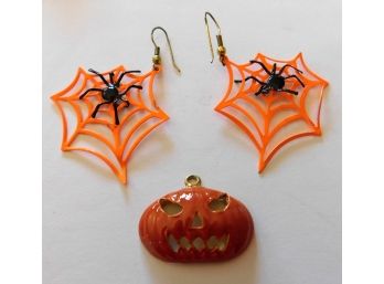 Halloween Lack O Lantern Pin PLUS Halloween Earrings