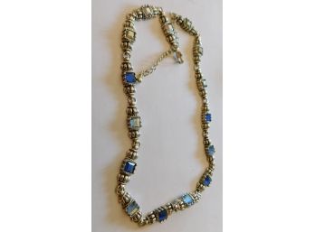 Gutsy Silver Tone Necklace With Silver, Blue & Pale Blue Rhinestones