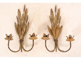 Pair Of Tole Candle Sconces With Sheaf Of Wheat Design