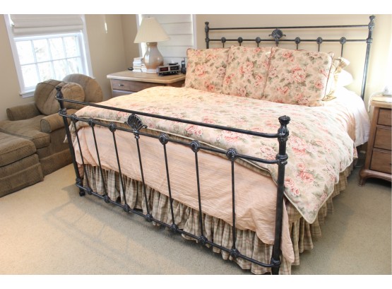 Wrought Iron King Bed Frame With Throw Pillows And Bedding Covers