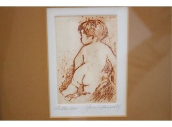 Signed Drawing Of Baby In Gilt Frame With Glass
