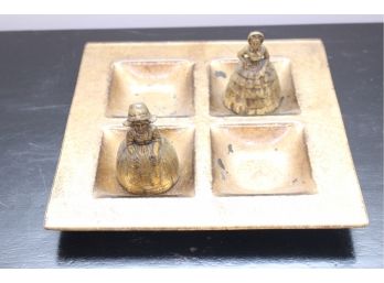 Two Decorative Brass Bells And Painted Glass Plate