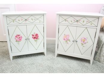Pretty Pair Of Floral Stenciled Nightstands