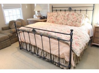 Wrought Iron King Bed Frame With Throw Pillows And Bedding Covers
