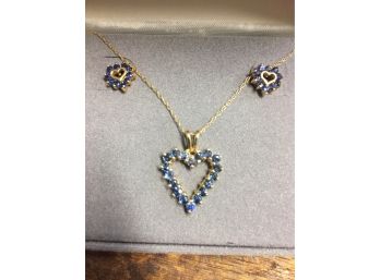 Genuine 14k Heart Necklace With Earrings . Blue Stones . Never  Eorn