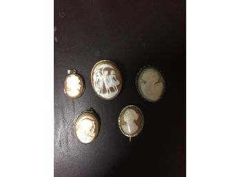 5 Vintage Cameos . 1 Necklace 4 Pins Silver And Gold Filled