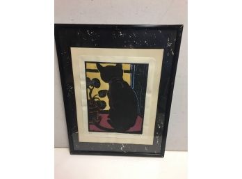 Original Pencil Signed Woodcut Of A Cat  By Inukai  Listed Artist
