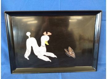 Adorable Vintage 1950s Poodle With A Bow & Butterfly Couroc Of Monterey California Tray