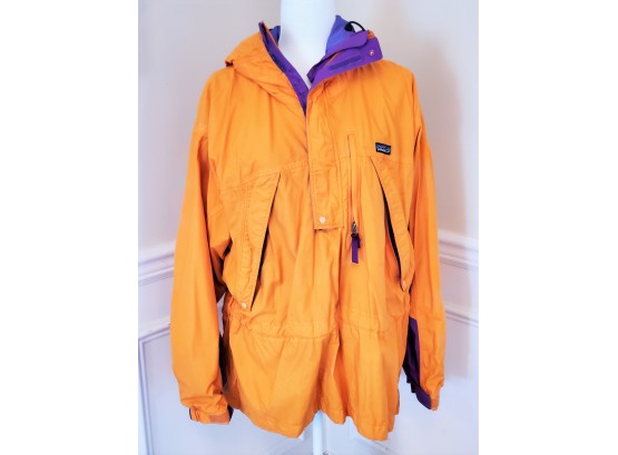 Vintage Patagonia Ladies Hooded Water Resistant Pullover Quarter Zip Jacket / Large -  Mango With Purple Trim