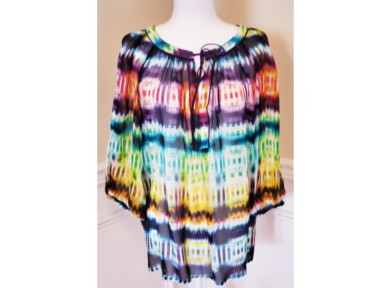 Trina Turk 100 Percent Silk Multi Color 3/4 Sleeve Printed Blouse / Large