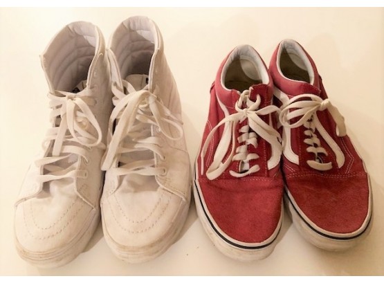 Two Pairs Unisex Man Or Ladies Vans - Maroon Suede & White Leather High Tops - Size 9.5 Women - Size 8 Men