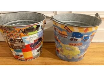 Two Boy's Themed Decorated Galvanized Buckets