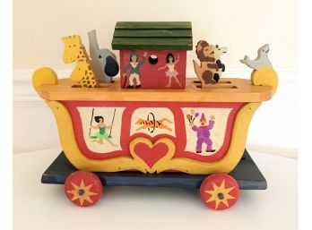 Adorable Vintage Whimsical Hand Painted Wooden Noah's Ark Musical Pull Toy - Moving Animals!