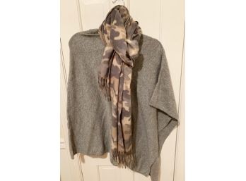 Ladies Cashmere Blend OS Gray Knit Poncho & Scarf