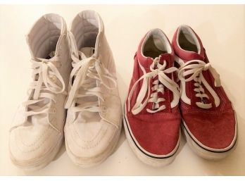 Two Pairs Unisex Man Or Ladies Vans - Maroon Suede & White Leather High Tops - Size 9.5 Women - Size 8 Men