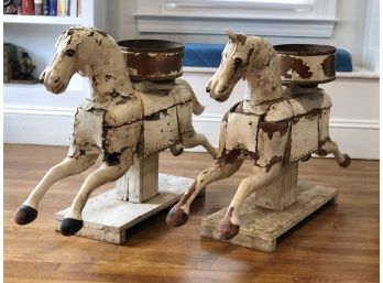 Two Antique Wooden Horses With Brass Planters ( Lawn Decor)