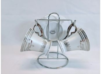 Vintage- T. Bavaria Germany Design -Set Of 2 Espresso Cups And Saucers- Silver Tone Stand