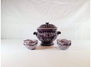 Temptations Presentable Ovenware By Tara- Purple Floral Lace Soup Tureen With (6) Soup Bowls