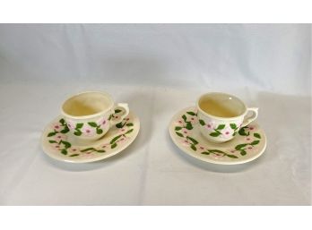 Pair Of Hand Painted Floral Ceramic Tea Cups And Saucers