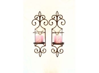 Pair Of Brown Metal Candle Holder Wall Sconces- Purple Candles