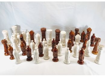 Vintage Duncan Mold Chess Set- Large Ceramic Medieval With Over 40 Pieces - Glazed Brown And Bisque