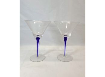 Pair Of Blue Stem Martini Glasses