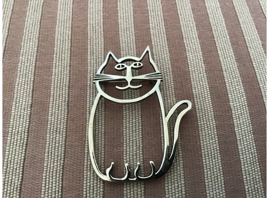 Sterling Silver Whimsical Cat Pin Signed M.E.