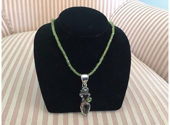 Sterling Silver And Green Bead Necklace With Pendant