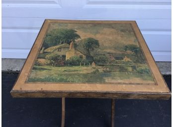 Vintage Square Oak Folding Table With Lovely Old European Country Scene