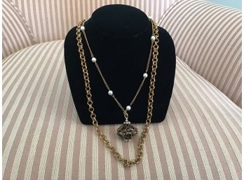 Gold Tone, Pearl, And Rhinestone Double Strand Necklace